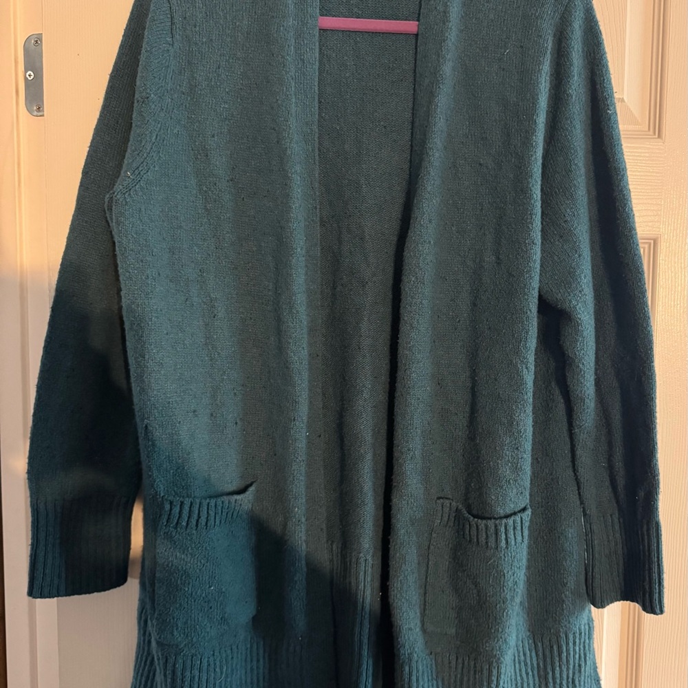 L.L. Bean Women's Soft Flex in Deep Teal With Long Open Front Pockets Cardigan